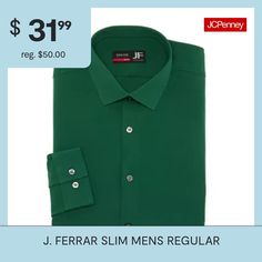 This J. Ferrar men's pine green dress shirt is designed to keep your look sharp and comfortable all day. Cut for a regular-fit from wrinkle-free stretch woven fabric, this button-down has a spread collar, long sleeves, and button cuffs. Style it with suit pants and a jacket. Features: Wrinkle FreeClosure Type: ButtonFit: Regular FitNeckline: Collar NeckSleeve Length: Long SleeveSleeve Style: Cuffed SleeveApparel Length: 31 Inches - BackFiber Content: 90% Polyester, 10% SpandexFabric Description… Fitted Green Shirt For Semi-formal Occasions, Green Winter Workwear Shirt, Fitted Green Button-up Dress Shirt, Green Collared Dress Shirt For Work, Fitted Green Dress Shirt For Semi-formal Occasions, Green Business Shirt For Spring, Spring Green Business Shirt, Green Slim Fit Shirt For Work, Green Slim Fit Workwear Shirt