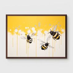 three bees flying in the air with yellow and white background