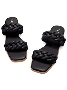 [Material]: Women's flat sandals are made of comfortable PU material, flat wear-resistant sole and padded footbed will ensure every step you take is just as stable as it is comfortable.    [Design]: An eye-catching accent with braided strap gives these sandals a unique design, switching freely between elegant, casual and contemporary that is sure to turn heads.    [Features]: The simple style brings a relaxed weekend vibe to these braided square toe flat Slippers, but they look equally lovely wh Woven Sandals, Flat Slipper, Slides Women, Dinner With Friends, Braided Strap, Black Midi Skirt, Slides Shoes, Womens Sandals Flat, Sandal Fashion