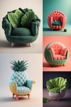 four different types of couches and chairs with plants on the back, in various colors