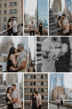 a couple holding each other while standing in front of tall buildings