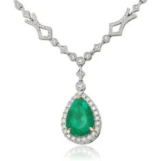 Roman & Jules 18K Gold Pear-Shaped Emerald Halo Necklace with Diamond Accents - 5.80 Carat Emerald, 1.31 Carat Total Diamond Weight Emerald Halo, Necklace With Diamond, Halo Necklace, 18k Gold Necklace, Colombian Emeralds, Necklace Brands, Yellow Gold Chain, Green Emerald, Emerald Diamond