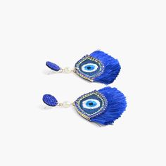 Evil Eye Beaded Earrings Hand-beaded with Fringe Detail Crafted in beautiful colors of Blue Bohemian Blue Earrings For Party, Blue Dangle Chandelier Earrings For Summer, Blue Tassel Earrings With Dangling Beads For Beach, Blue Beaded Fringe Tassel Earrings For Summer, Blue Bohemian Beaded Earrings For Pierced Ears, Adjustable Blue Tassel Earrings With Colorful Beads, Blue Tassel Earrings With Dangling Beads, Blue Beaded Fringe Tassel Earrings As Gift, Blue Dangle Tassel Earrings For Beach