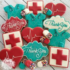 decorated cookies with thank you written on them and nurse's stethoscopes