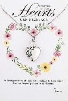 a heart shaped necklace with flowers in the middle and an inscription on it that says forever in your hearts