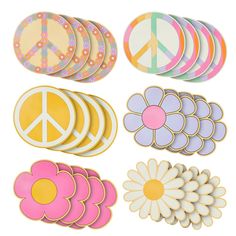 peace signs and flowers are shown in different colors, shapes, and sizes on plates