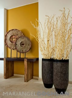 two vases with branches in them are on display against a yellow wall and wooden bench