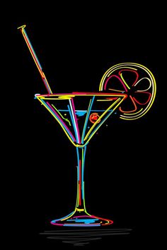 a neon colored cocktail glass with a slice of lemon on the rim and a straw in it