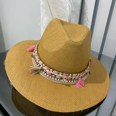 Brown Straw Fedora Hat Boho Style With A Boho Trim . Multicolor Brimmed Fedora For Vacation, Multicolor Brimmed Fedora For Beach, Beige Bohemian Hat For Vacation, Bohemian Beige Hat For Vacation, Yellow Bohemian Fedora Straw Hat, Bohemian Yellow Straw Hat With Short Brim, Yellow Bohemian Straw Hat With Short Brim, Yellow Bohemian Straw Hat With Curved Brim, Yellow Bohemian Wide Brim Straw Hat