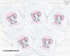 Elephant Baby Shower Shirts for family, Matching Mom & Dad Baby Shower Shirts Our designs are printed on high-quality gender-neutral shirts made of soft cotton. They are super soft, cozy, durable and come in unisex sizes.  *Need a specific size or COLOR? Send us a message & we will do our best to make it happen for you Please Note: Rolled sleeves in pictures is for styling purposes only SHIRT DETAILS Brand - Bella Canvas 100% Airlume combed and ringspun cotton (fiber content may vary for differe Customizable Cute Tops For Gender Reveal, Unisex Printed White Tops, Unisex White Printed Tops, Cute White T-shirt For Gender Reveal, Customizable Short Sleeve Tops For Gender Reveal, Customizable Cute White T-shirt, Customizable White Tops For Gifts, Personalized Name Print White Shirt As Gift, Customizable White Top For Gift