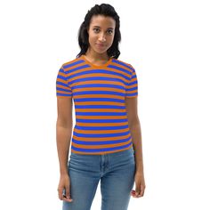 Introducing our Blue Orange Striped T-Shirt for Women, a must-have addition to your wardrobe! This stylish t-shirt is not only visually appealing with its vibrant blue and orange stripes, but it also offers exceptional comfort and durability. See more striped clothingCrafted from a high-quality cotton touch polyester jersey, this t-shirt feels incredibly smooth against your skin, ensuring a pleasant wearing experience all day long. The fabric is designed to retain its color even after multiple w Blue Short Sleeve T-shirt With Contrast Stripes, Blue Horizontal Stripe Crew Neck Tops, Blue Striped Short Sleeve T-shirt, Blue Crew Neck Tops With Horizontal Stripes, Blue Horizontal Stripe T-shirt For Summer, Blue Horizontal Stripe Cotton T-shirt, Summer Blue T-shirt With Contrast Stripes, Blue Summer T-shirt With Horizontal Stripes, Blue Striped Summer T-shirt