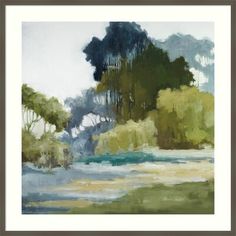 an abstract painting of trees and water