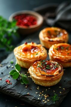 small pastries on a slate board with herbs