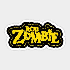 the rob zombie logo sticker is shown in yellow and black on a white background