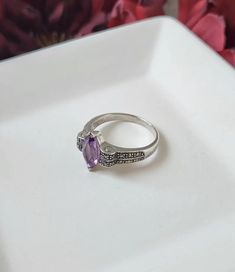 Amethyst Engagement Ring Sterling Silver Art Deco Purple Amethyst Marquise Marcasite Ring Colorful Unique Engagement Ring - Etsy Lavender Classic Promise Ring, Classic Lavender Rings For Anniversary, Purple 925 Sterling Silver Ring For Anniversary, Adjustable Fine Jewelry Purple Rings, Purple Marquise Cut Promise Ring, Classic Lavender Ring For Anniversary, Classic Purple Ring As Gift, Classic Purple Rings As Gift, Purple Amethyst Promise Ring In Marquise Shape