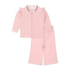 Throw it back while keeping it current with our absolutely adorable 100% organic cotton Ruffle Sleeve Tracksuit. Featuring a Ruffle Zip Bomber Jacket (complete with angel wings on the back!) and flare pants, youre going to want to get the camera ready for when your baby wears this set. Size: 5T.  Color: Pink.  Gender: unisex.  Age Group: infant. Throw It Back, Cotton Gowns, Baby Girl Shorts, Burts Bees Baby, Layette Set, Organic Cotton Baby, Ruffle Romper, Baby One Piece, Short Sleeve Bodysuit