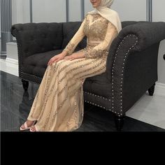 Worn Once, Perfect Condition. Heavy And Heavily Beaded Gold Embellished Long Sleeve Maxi Dress, Embellished Mother Of The Bride Dress For Reception, Embellished Beige Evening Dress, Elegant Beige Hand Embellished Dress, Elegant Hand Embellished Beige Dress, Evening Gown With Sleeves, Modest Evening Gowns, Gown With Sleeves, Evening Gowns With Sleeves