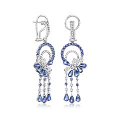 Ross-Simons - 4.40ct t. w. Sapphire, 2.38ct t. w. Diamond Chandelier Earrings in 14kt White Gold. Beyond breathtaking, these ornate chandelier earrings are dressed in their gemstone best! An imaginative show of velvety 4.40 ct. t. w. round and pear-shaped sapphires are elevated further by 2.38 ct. t. w. marquise and round brilliant-cut diamonds to create this beautiful, heirloom-quality pair. Finely crafted in polished 14kt white gold. Hanging length is a dramatic 2". Clip/post, diamond and sapp Ornate Chandelier, Diamond Chandelier Earrings, Diamond Chandelier, Chandelier Design, Earrings In Gold, Design Jewelry, Fantasy Jewelry, Round Brilliant Cut Diamond, White Metal