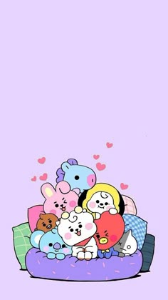 a group of stuffed animals sitting on top of a bed with hearts flying above them