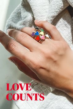 Love does count! So why not show it? Display your heart by wearing our Love Count Enamel Stackable Rings. They can be worn together or seperately. So many ways, so many colors! #rings #stackable #personalized #jewelry #hearts #love Signature Styles, Red Can, Ruby Birthstone, And July, Enamel Ring, Stackable Ring, Cherry Red, Stackable Rings, Signature Style