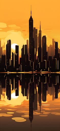 A minimalist aesthetic New York City skyline wallpaper with glistening gold hues, creating a luxurious and modern visual for an iPhone or Android device. Comic Art Cityscape, City Scape Wallpaper, Minimalist Backgrounds, City Outline, Aesthetic New York City, Wallpapers 4k Hd, Iphone Wallpaper Yellow, Cityscape Wallpaper