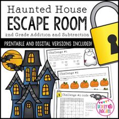 a halloween themed escape room with a lock and pumpkins on the front, and a print