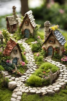 a small garden with little houses in it