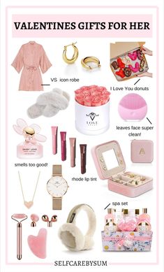 valentine's day gift guide for her with pink accessories and gifts in the background