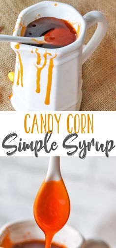 a spoon full of candy corn is being dipped with caramel syrup and then drizzled over it