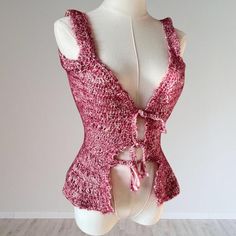 Icelandic mohair and baby cotton mixture of yarn This took about a month to make, please respect that Best fit size small to a xsmall One of a kind Crochet Tie Top, Crochet Tie, Red Vest, Tie Top, Crochet Fashion, Skirt Leather, Handmade Crochet, A Month, Womens Clothing Tops