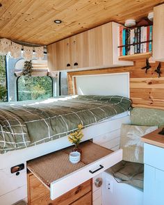 a bedroom with a bed and desk inside of it