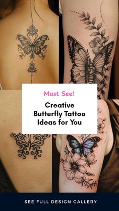 the back of a woman's shoulder with butterflies and flowers on it, which reads must see creative butterfly tattoo ideas for you