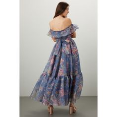 Blue floral organza (100% Poly Organza). Ball. Cap sleeves. Off the shoulder. Back zipper closure. See size and fit notes for length measurements. Imported. Floral Gown, Rent The Runway, Flowing Skirt, Closet Designs, Romance Novels, Measurement Length, Ball Cap, Blue Floral, Cap Sleeves