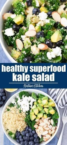 healthy superfood kale salad with blueberries, avocado and feta cheese