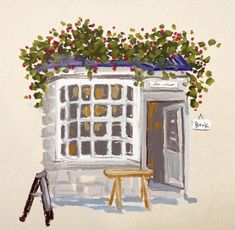 a painting of a window with a bench in front of it