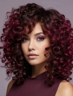 37 Spring Hair Color Trends For Curly Hair In 2024 Funky Curly Hair Color, Curly Magenta Hair, Hair Dye Ideas For Short Curly Hair, Fall Hair Color For Brunettes Curly Hair, Deep Purple Curly Hair, Hair Color Ideas For Brunettes Curly, Dyed Tips Curly Hair, Curly Hairstyles Color Ideas, Red And Black Curly Hair