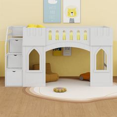 a child's bedroom with a white bunk bed and yellow walls