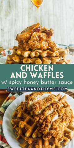 chicken and waffles with honey butter sauce on top