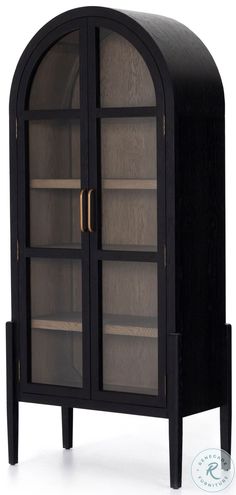 a wooden cabinet with glass doors on the front and bottom shelves in dark wood, against a white background