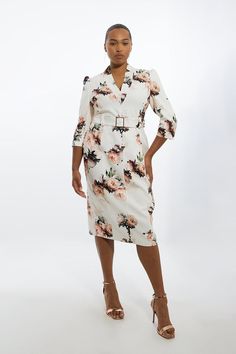 Plus Size Viscose Satin Back Crepe Peony Forever Midi Dress Elegant Fitted V-neck Floral Dress, Elegant Floral Print Dress For Brunch, Formal Floral Print Midi Dress, Fitted Feminine Floral Dress For Formal Occasions, Chic Floral V-neck Dress For Formal Occasions, Formal Floral Print V-neck Dress, Formal V-neck Floral Print Dress, Formal Floral Dress With V-neck, Elegant Midi Floral Dress For Formal Occasions