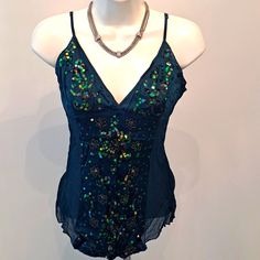 Bebe Sequin Top Teal Silk Adjustable Straps Side Zipper Premium Stretch Size L Sequin Top, Side Zipper, Sequin, Adjustable Straps, Color Blue, Womens Tops, Silk, Zipper, Customer Support