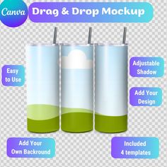 three cups with straws in them and the words drag & drop mockup on top