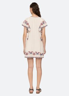 Soren Dress – Sea, New York Summer V-neck Dress With Embroidered Hem, Embroidered V-neck Dress, V-neck Embroidered Dress With Embroidered Neckline, Spring Cotton V-neck Embroidered Dress, Summer Knee-length Embroidered Dress For Daywear, Spring V-neck Embroidered Dress With Geometric Design, Spring V-neck Dress With Geometric Embroidery, Summer V-neck Dress With Geometric Embroidery, V-neck Embroidered Dress With Geometric Patterns For Spring