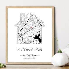 a framed map print with the name and location on it