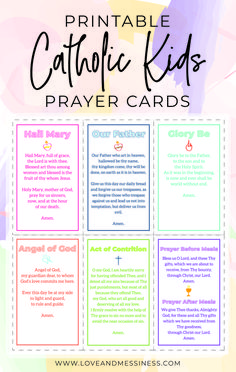 the printable catholic kids's prayer cards with text overlay that reads,