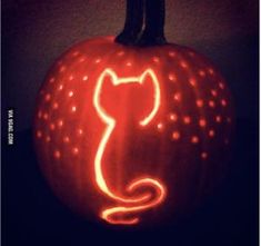 a carved pumpkin with a cat on it