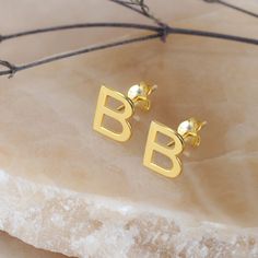 Initial Earrings Personalized Studs and Ring Set - J F W B Letter Design, Letter Designs, B Letter, Initial Earrings, Letter Design, Jewelry Essentials, 18k Yellow Gold Ring, White Rose Gold, Ring Gold