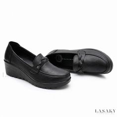 Lasaky - Casual Black Leather Work Shoes with Wedge Heel Casual Leather Wedge Sandals For Work, Casual Closed Toe Wedge Sandals For Work, Casual Work Shoes, Martin Shoes, Casual Wedges, Black Leather Wedges, Casual Leather Shoes, Professional Wear, Leather Work