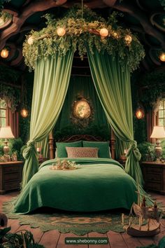 a bedroom with green bedding and curtains on the ceiling, lights hanging from the ceiling