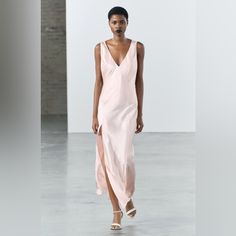 Dress Made Of Satin Effect Fabric V-Neck Line And Wide Straps. Open Back With Self Straps. Side Slip At Hem. Pink. Zara New, Light Pink Color, Small Light, Pink Satin, Wide Straps, Zara Dresses, Dress Making, Open Back, New Dress